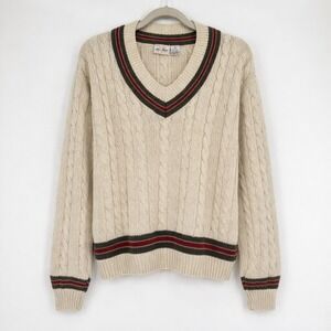 Vintage Cable Knit Varsity Stripe V-Neck Sweater Cream Cricket Tennis Preppy Med